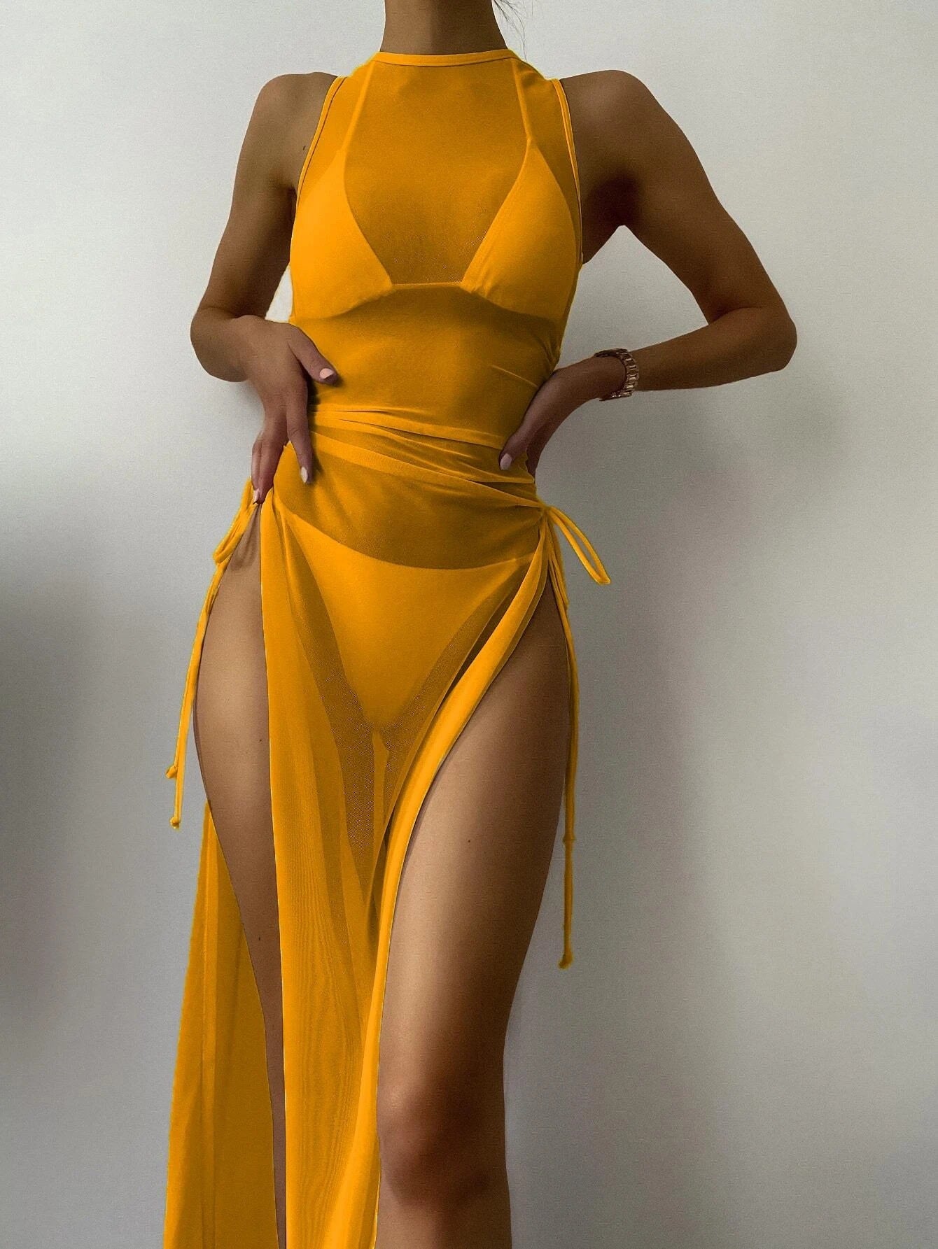 Traje de baño de poliéster de malla de color sólido al por mayor de tres puntos